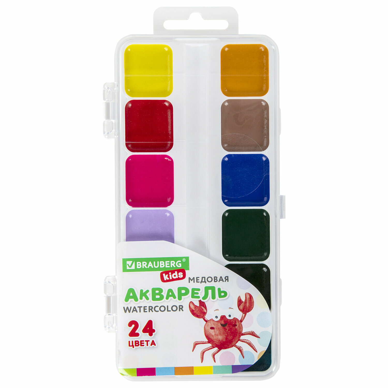 Краски акварельные Brauberg "Kids", медовые, 24 цвета, квадратные кюветы, пластиковый пенал (192284)
