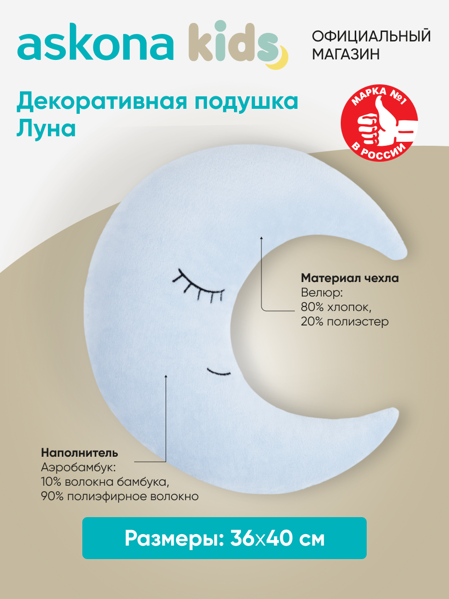 Подушка Луна (голубой), фигурная, велюр, наполнитель полиэфир, 40х36 см — фото 1