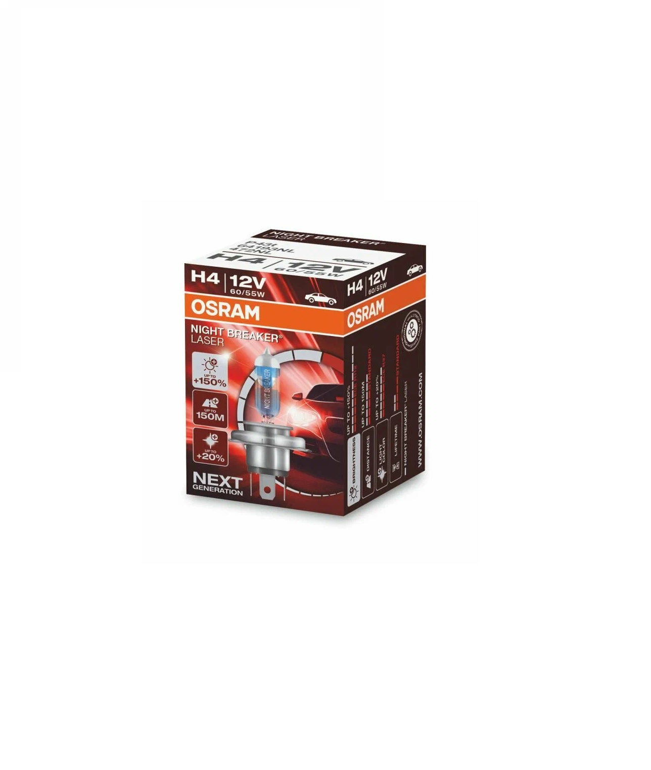 Лампа галогенная OSRAM Night Breaker Laser O-64193NL H4, 60/55W, P43t+150%, 4050K 12V, 64193NL
