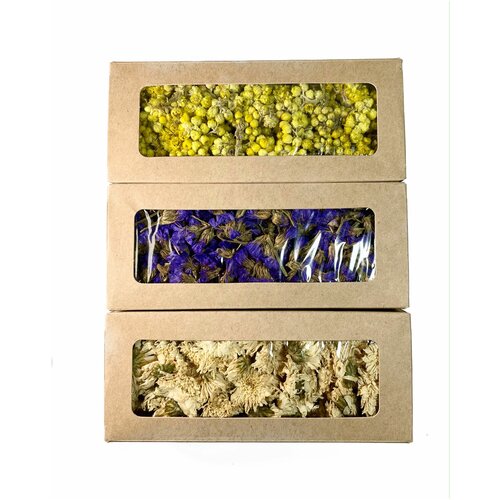 Набор сухих цветов для декора, поделок Бессмертник (цветы), Статица (Василек) (цветы), Хризантема (цветы), 3 шт по 30 гр