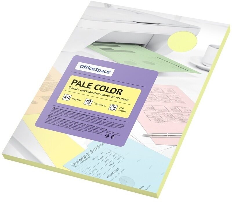Бумага цветная ArtSpace OfficeSpace, Pale Color, A4, 80 г/м, 100 листов, желтый (PC_38232)