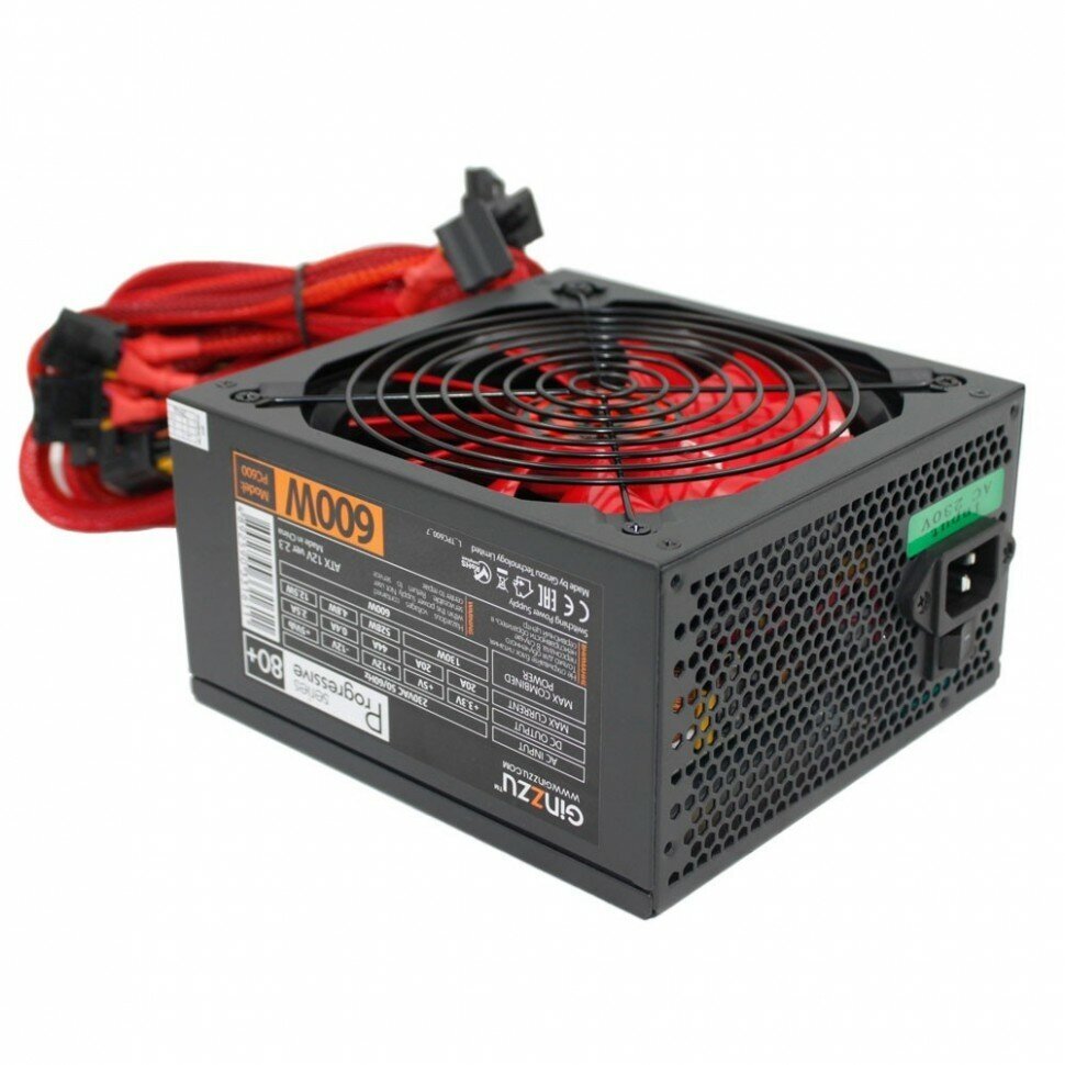 Ginzzu PC600 14CM(Red) 80+ black,APFC,24+4p,2 PCI-E(6+2), 5*SATA, 4*IDE,оплетка, кабель питания,цветная коробка - фото №4