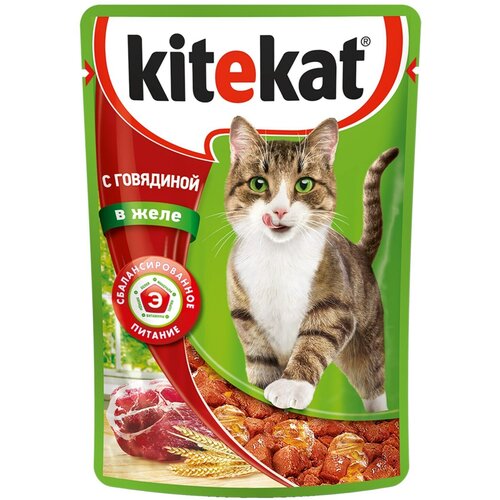 Корм консервированный для кошек KITEKAT с сочными кусочками говядины в желе, 85 г - 60 шт.
