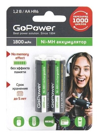 Аккумуляторы GoPower 1800 mAh NiMH AA 1.2 (2 шт)