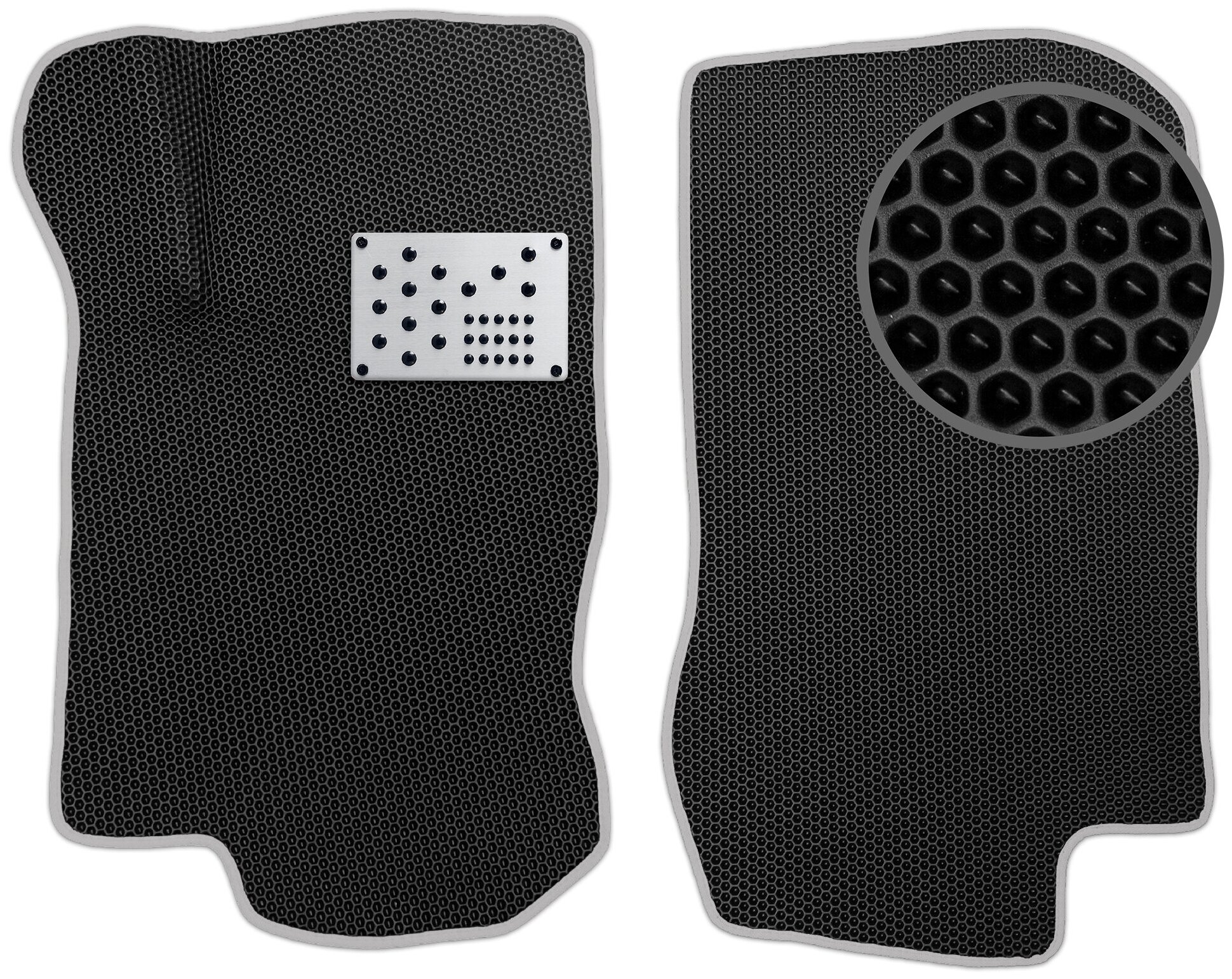 EVA коврики автомобильные передние для Lada Granta 2011-2021, с алюминиевым подпятником, черные с серой окантовкой (Лада Гранта)
