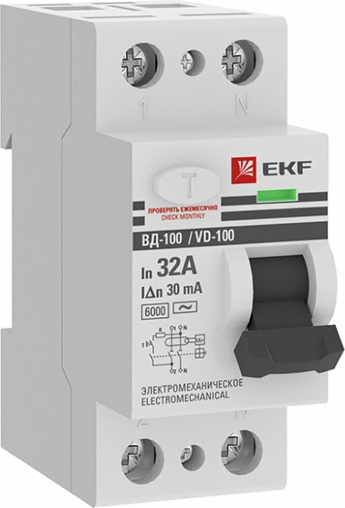 EKF Устройство защитного отключения ВД-100 2P 32А 30мА (тип АС, электромеханическое) 6кА PROxima elcb-2-6-32-30-em-pro