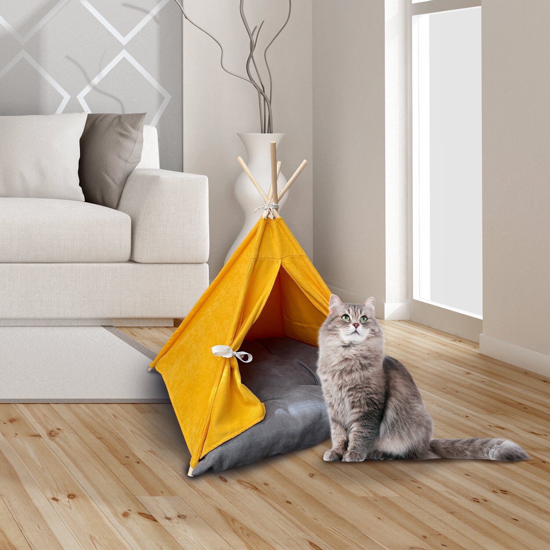 Домик для животных. Вигвам-палатка для кошек и собак с лежанкой желтый - фотография № 6