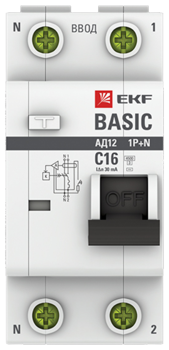 Диф. автомат 1P+N 16А 30мА тип АС х-ка C эл. 4,5кА АД-12 EKF