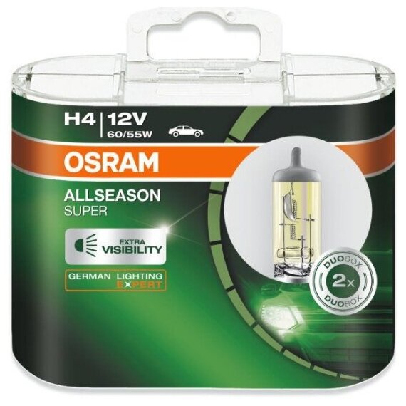 Лампа галогенная Osram H4 60/55W P43t+30% Allseason Super, 2шт, 3000K 12V, 64193ALS2