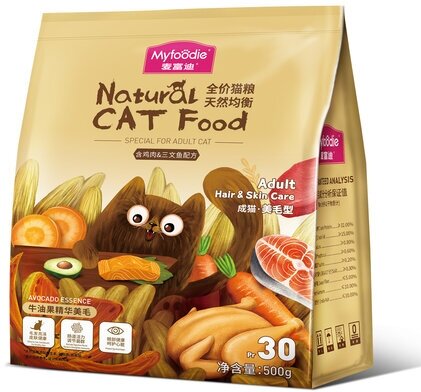 MYFOODIE Natural CAT Food GF Hair Care Сухой корм для кошек уход за шерстью, курица, лосось, 500 гр - фотография № 1