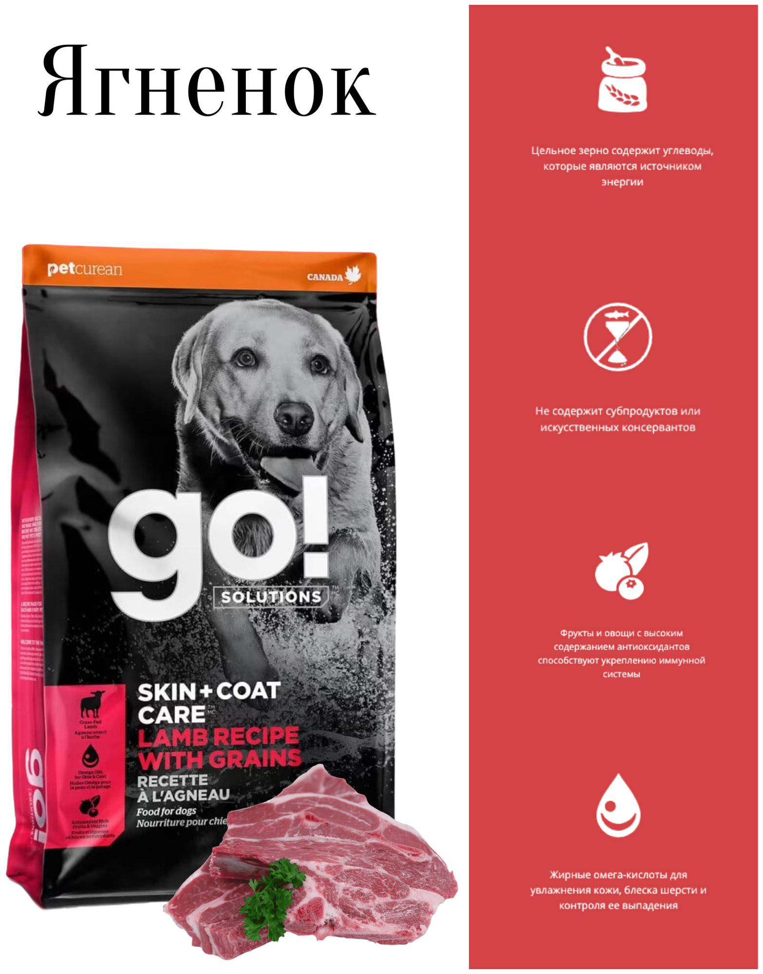 GO! Natural Holistic Для щенков и собак со свежим ягненком (GO! SKIN + COAT Lamb Meal Recipe DF), 11.3 кг