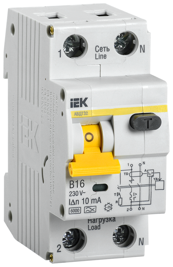 Дифференциальный автомат IEK АВДТ32 2П 10 мА B 6 кА A электронный 16 А