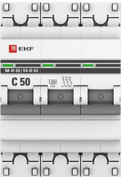 Выключатель автоматический 3п C 50А 4.5кА ВА 47-63 PROxima EKF mcb4763-3-50C-pro
