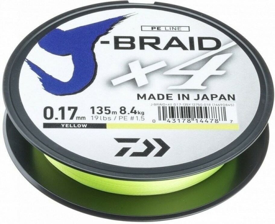 Шнур плетеный DAIWA J-Braid X4 0,10mm-135m флуор-желтая