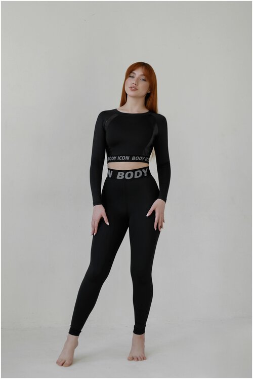 Леггинсы BODY IСON Total Black для фитнеса спортивные пуш ап LS-1020М