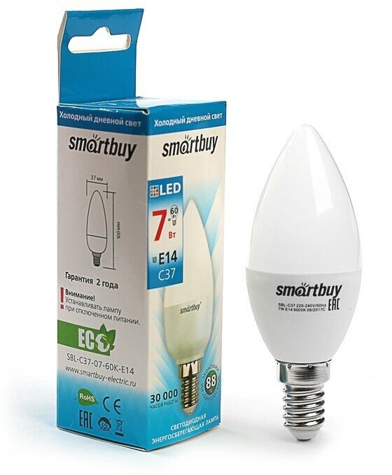 Smartbuy Лампа cветодиодная Smartbuy, Е14, C37, 7 Вт, 6000 К, холодный белый свет