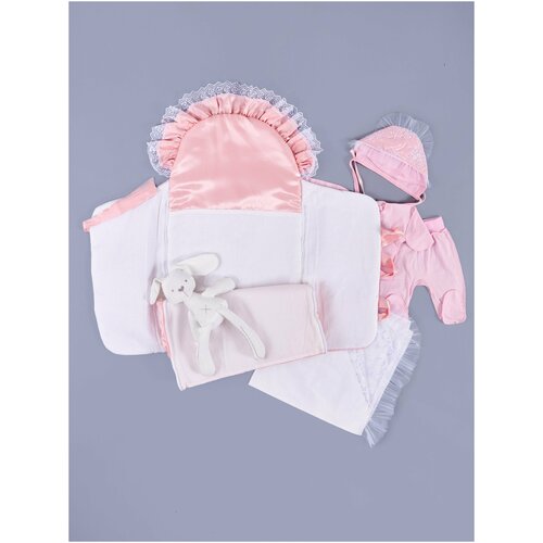Комплект 6-ти предметный демисезон: конверт, одеяло, чепчик, распашонка,ползунки, чепчик К118-18/56-20/62 - розовый