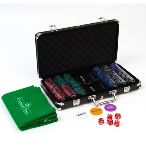 Покер в кейсе SIMA LAND (300 фишек, 5 кубиков, 2 колоды карт), с номиналом, вес фишки 13 г, 45 x 21 см