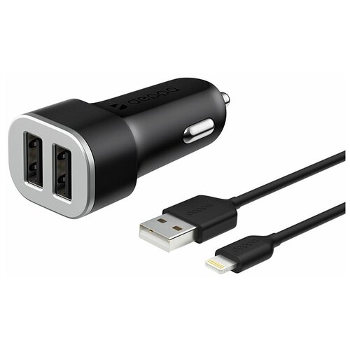 фото Автомобильное зарядное устройство deppa 2 usb 2.4а + кабель lightning, mfi черный