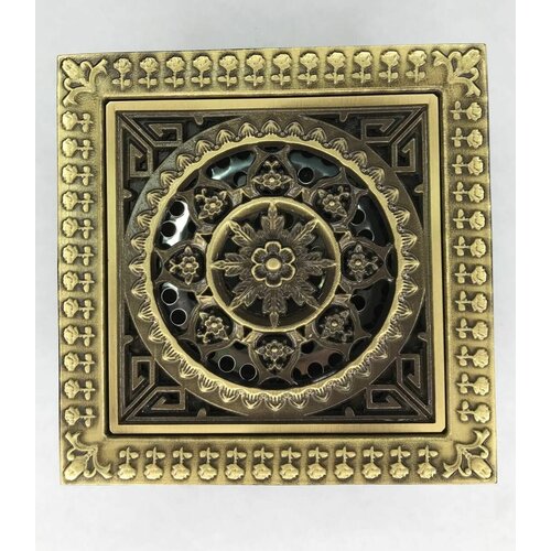 Трап душевой с обратным клапаном(сухой затвор) 120*120мм цветок в кружке из нержавеющей стали и латуни прямой цвет бронзовый