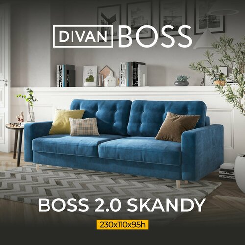 Диван-кровать раскладной BOSS 2.0 Skandy, прямой, в гостиную, велюр Monolit синий, 230x110x95 см
