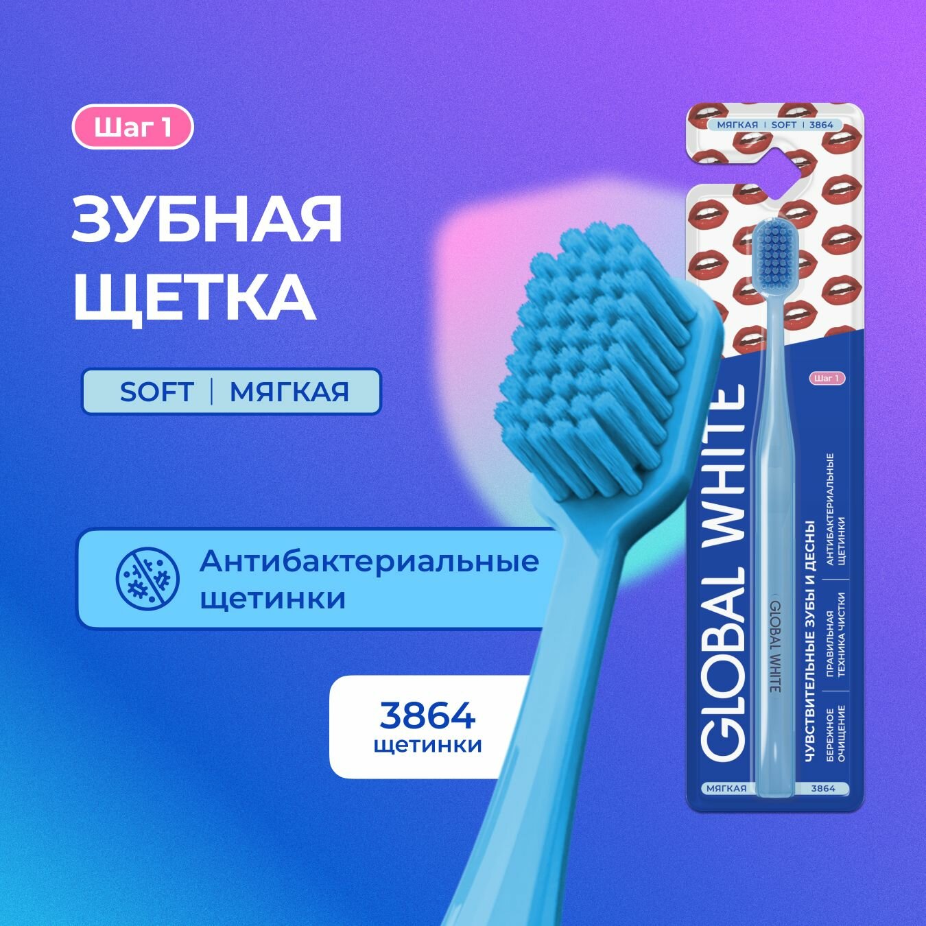 Зубная щетка Global White Gum Care, голубая, мягкая, антибактериальная