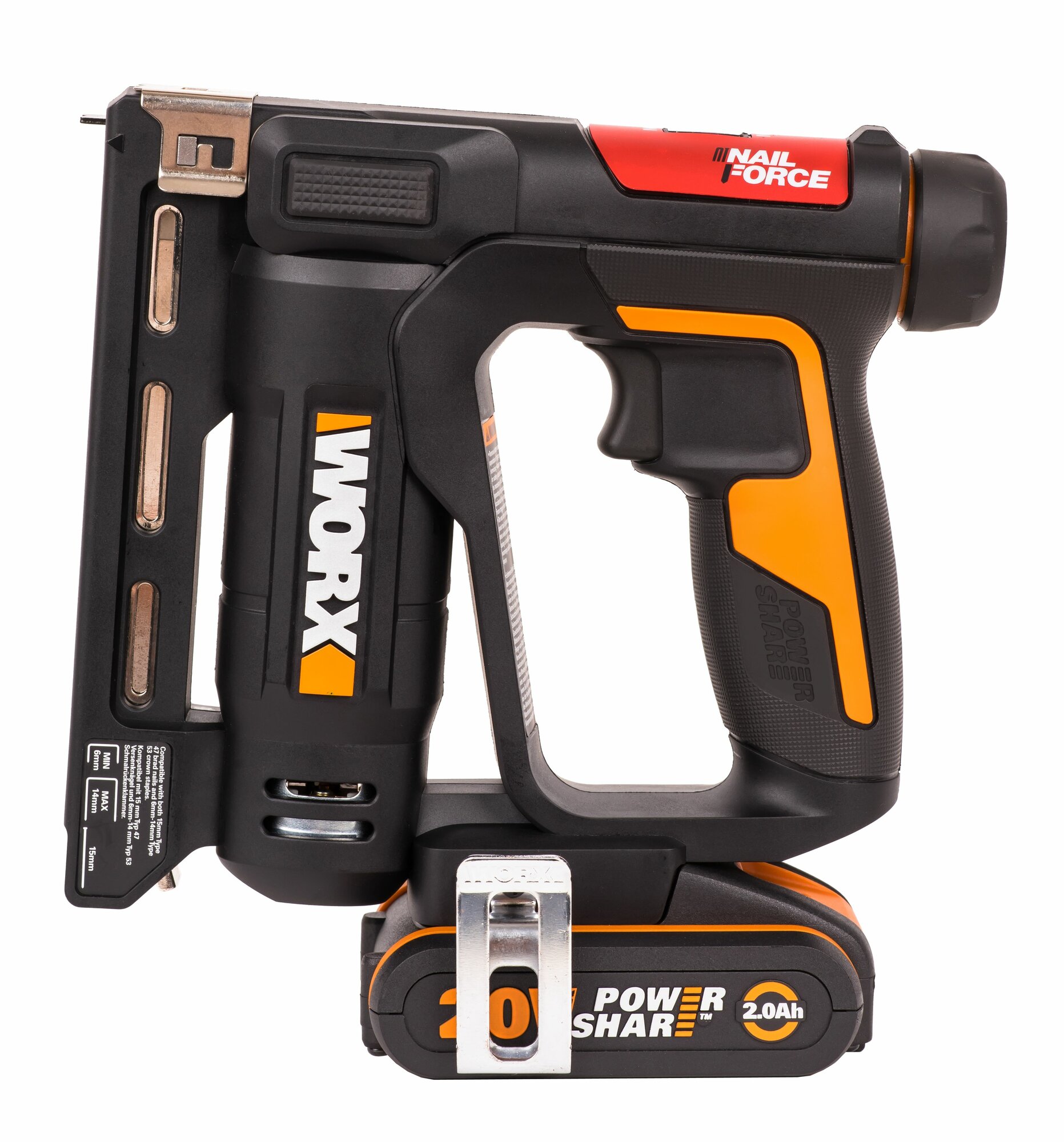 Аккумуляторный гвозде-скобозабивной пистолет Worx WX843, 20 В, 60 выстрелов в минуту, АКБ 2Ач + ЗУ 2А, кейс — фото 1