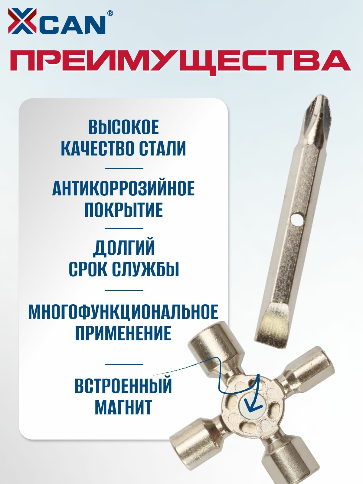 Универсальный сервисный ключ XCAN 10 в 1 для электрошкафов, щитков, технических шкафов и сантехнических систем — фото 1