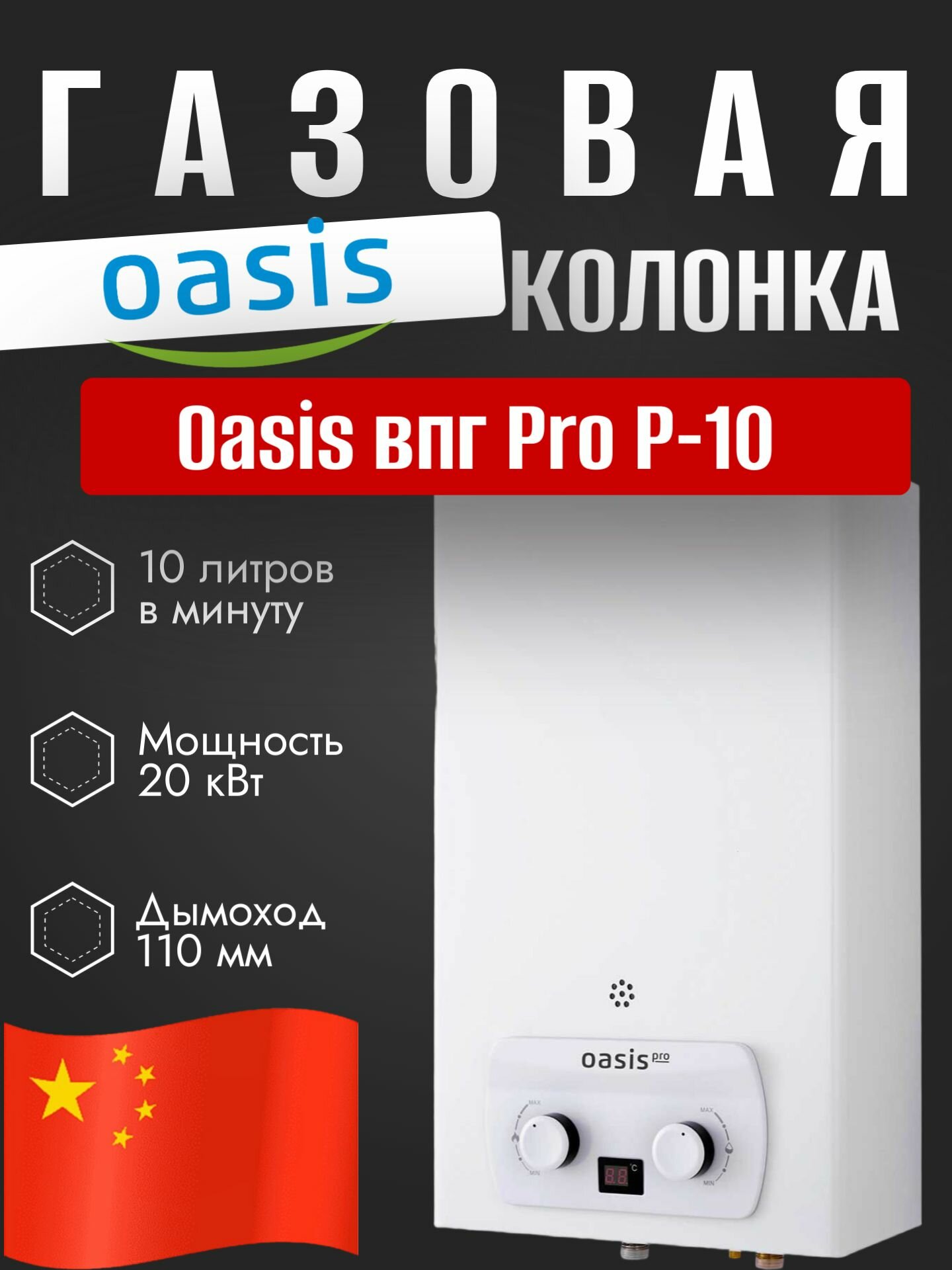 OASIS ВПГ PRO Р-10 (автомат 20кВт 10л/мин дымоход 110мм (белый) (Китай)