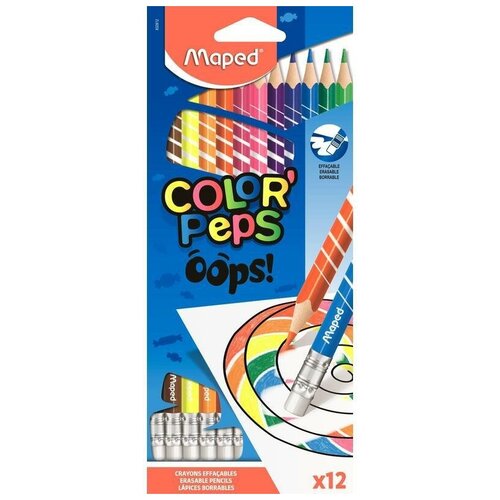 Карандаши цветные 12 цветов Maped Color'Peps Oops (L=176мм, d=2.9мм, 3гр) c ластиком (832812), 12 уп. карандаши цветные c ластиком 12 цветов 2 шт