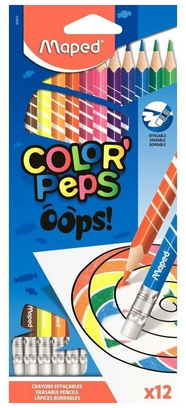 Карандаши цветные 12 цветов Maped Color'Peps Oops (L=176мм, d=2.9мм, 3гр) c ластиком (832812), 12 уп.