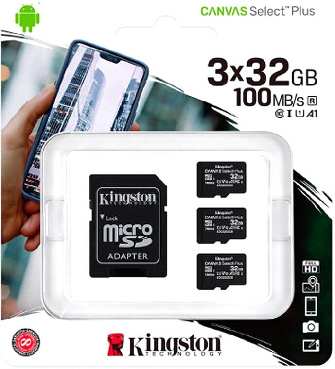 Карта памяти microSDHC 32Gb Kingston, Canvas Select Plus, Class10, UHS-I U1 100Mb/s, с адаптером, 3шт