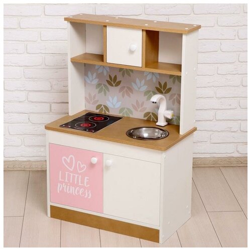 ZABIAKA Игровая мебель «Детская кухня», цвет корпуса бело-бежевый, цвет фасада бело-розовый, фартук цветы