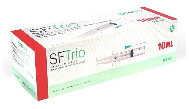 Шприц SF Medical Products трехкомпонентный, 40 мм x 0.8 мм, размер: 21G, 10 мл, 100 шт.