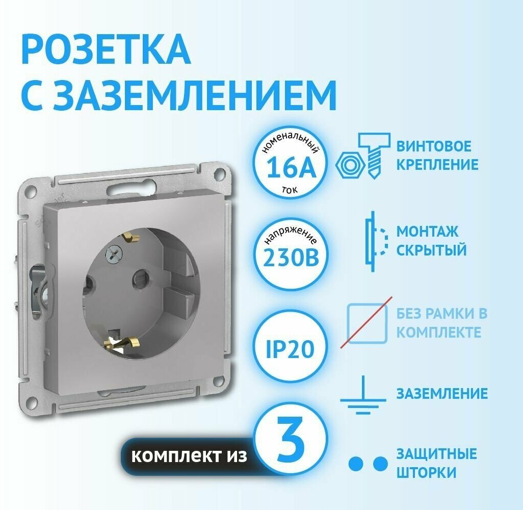 Механизм розетки Schneider Electric AtlasDesign с заземлением с защитными шторками алюминий (комплект из 3 шт)