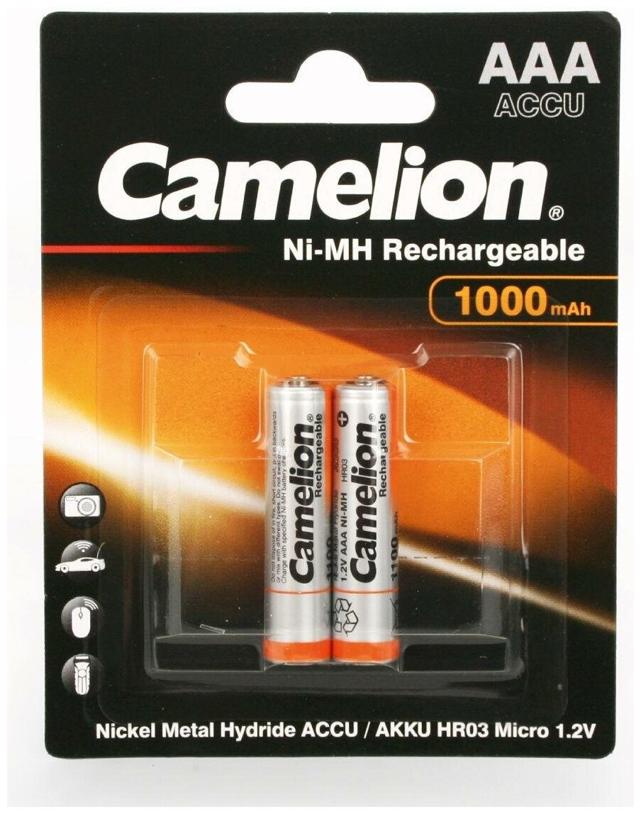 Camelion, AAA1000mAh/2BL, аккумуляторная батарейка, Ni-Mh, в блистере