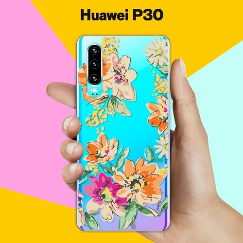 Силиконовый чехол на Huawei P30 Оранжевые цветы / для Хуавей П30 силиконовый чехол цветы оранжевые на huawei p30 pro