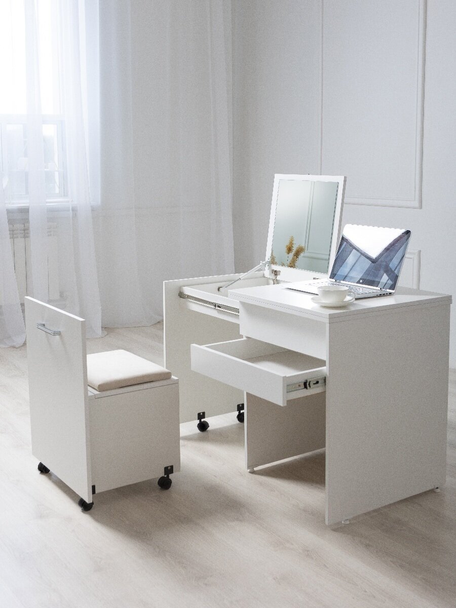 Раскладной письменный стол с ящиком и зеркалом на колёсиках, 60х60х75