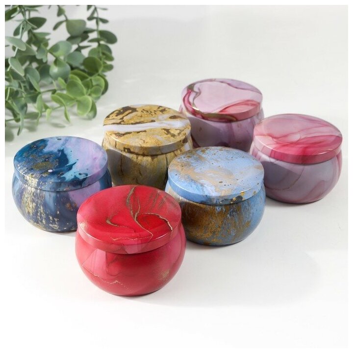 фото Шкатулка металл круглая "Цветной мрамор с золотыми трещинками" микс 5х7х7 см