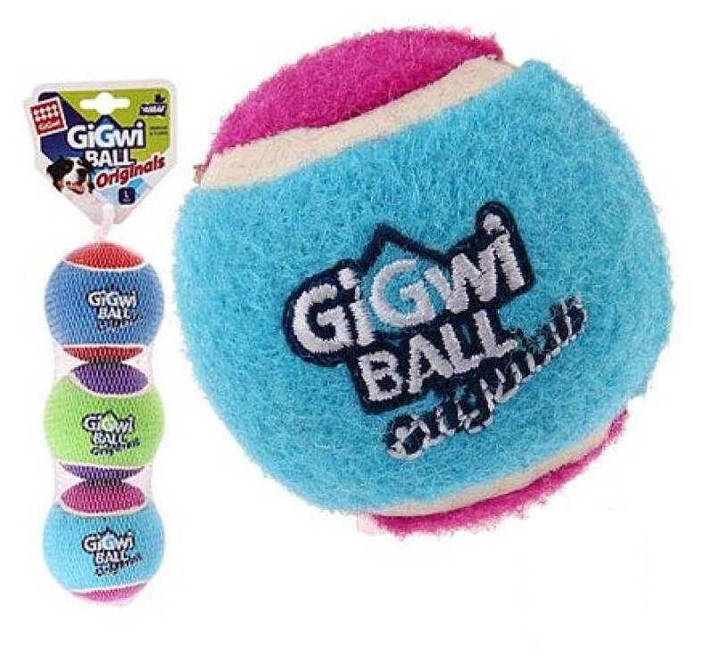 GiGwi 75340 Три мяча с пищалкой, 4см, - игрушка для собак, (теннисная резина с ворсистой поверхностью), серия GiGwi BALL Originals