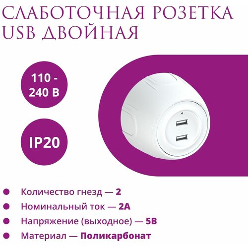 Розетка USB двойная OneKeyElectro (Rotondo), с подсветкой, цвет белый розетка usb двойная onekeyelectro с подсветкой цвет черный
