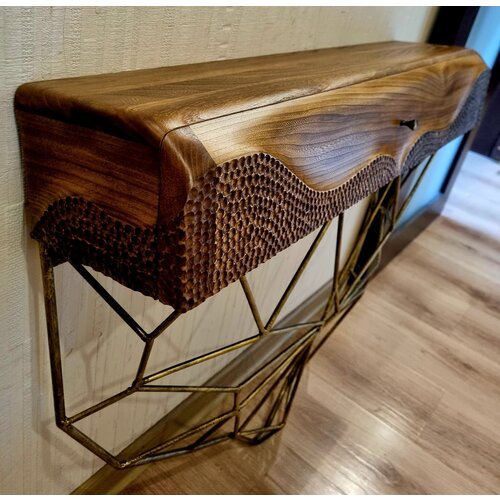 Консоль в прихожую из массива дерева карагач подвесная дизайнерская с ящиком металлическое основание 32000₽