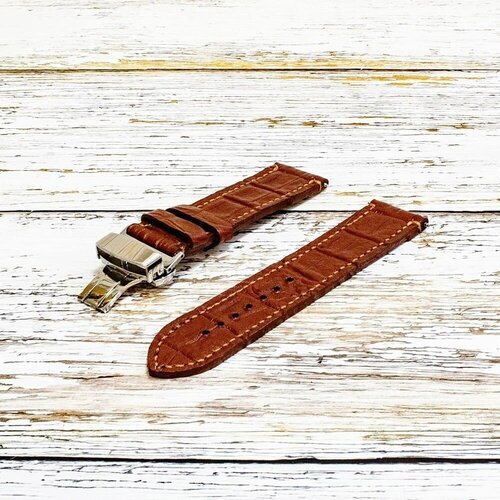 Ремешок Чёрный бык, натуральная кожа, под рептилию, полуглянцевая, тиснение, перфорированная фактура, застежка клипса-бабочка, антибактериальное покрытие, прошитый край, с контрастной строчкой, гипоаллергенный, диаметр шпильки 1.8 мм., размер 22/20 M, коричневый