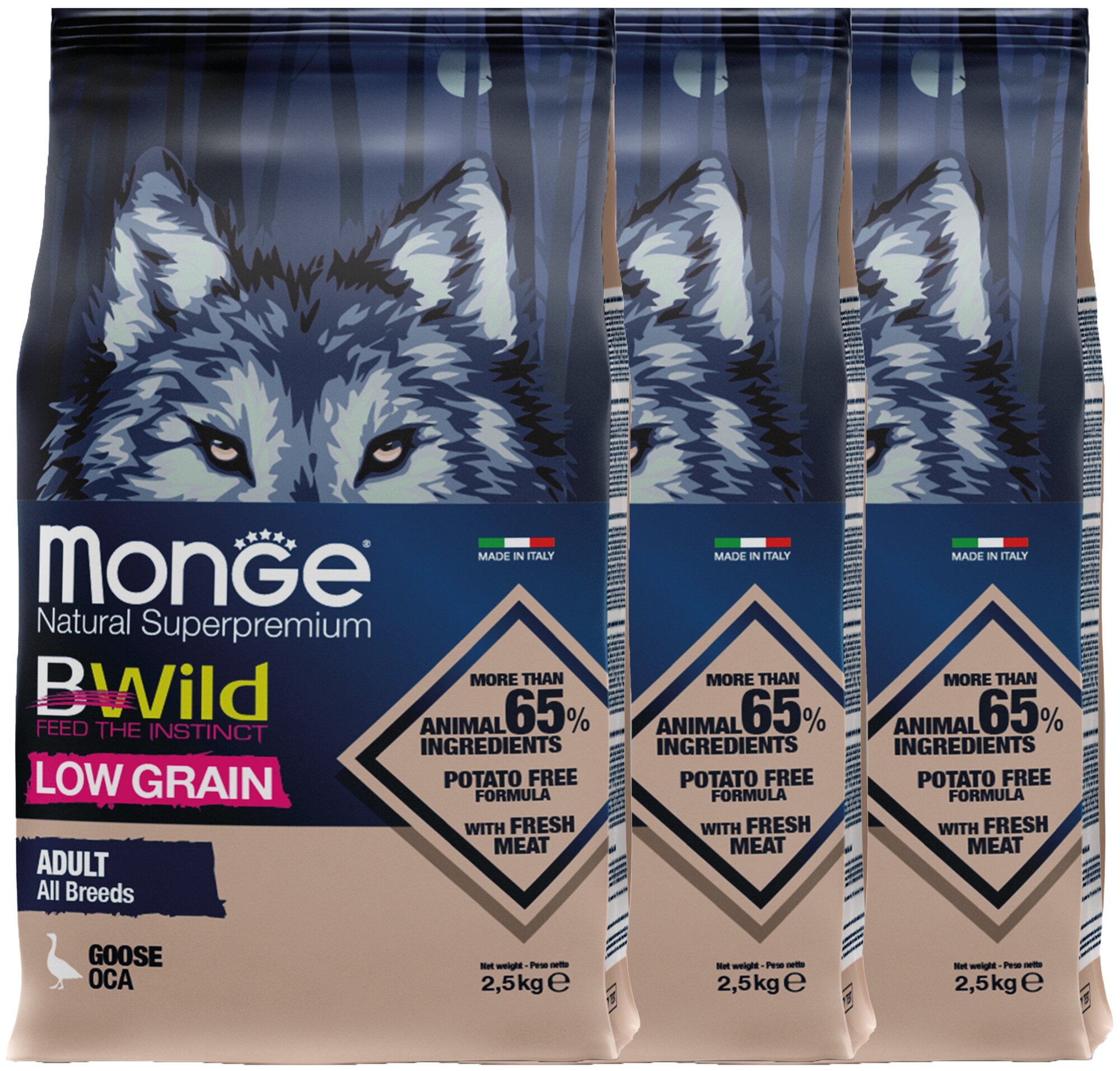 Сухой корм для собак Monge BWILD Feed the Instinct Low Grain, гусь 3 шт. х 2.5 кг