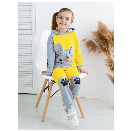 фото Костюм детский 746, утенок, размер 56(рост 104 см) желтый_меланж_собака (толстовка с капюшоном и брюки)