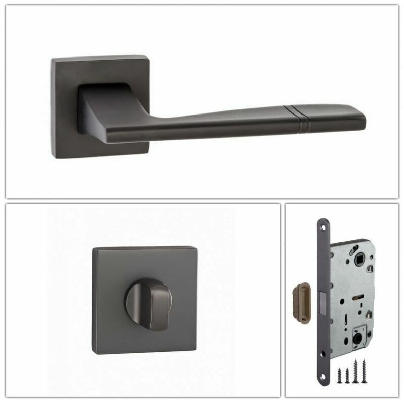 Комплект ручек для дверей Renz INDH_72-03_MBN_UN матовый черный никель (ручка + завертка WC + магнитный замок)