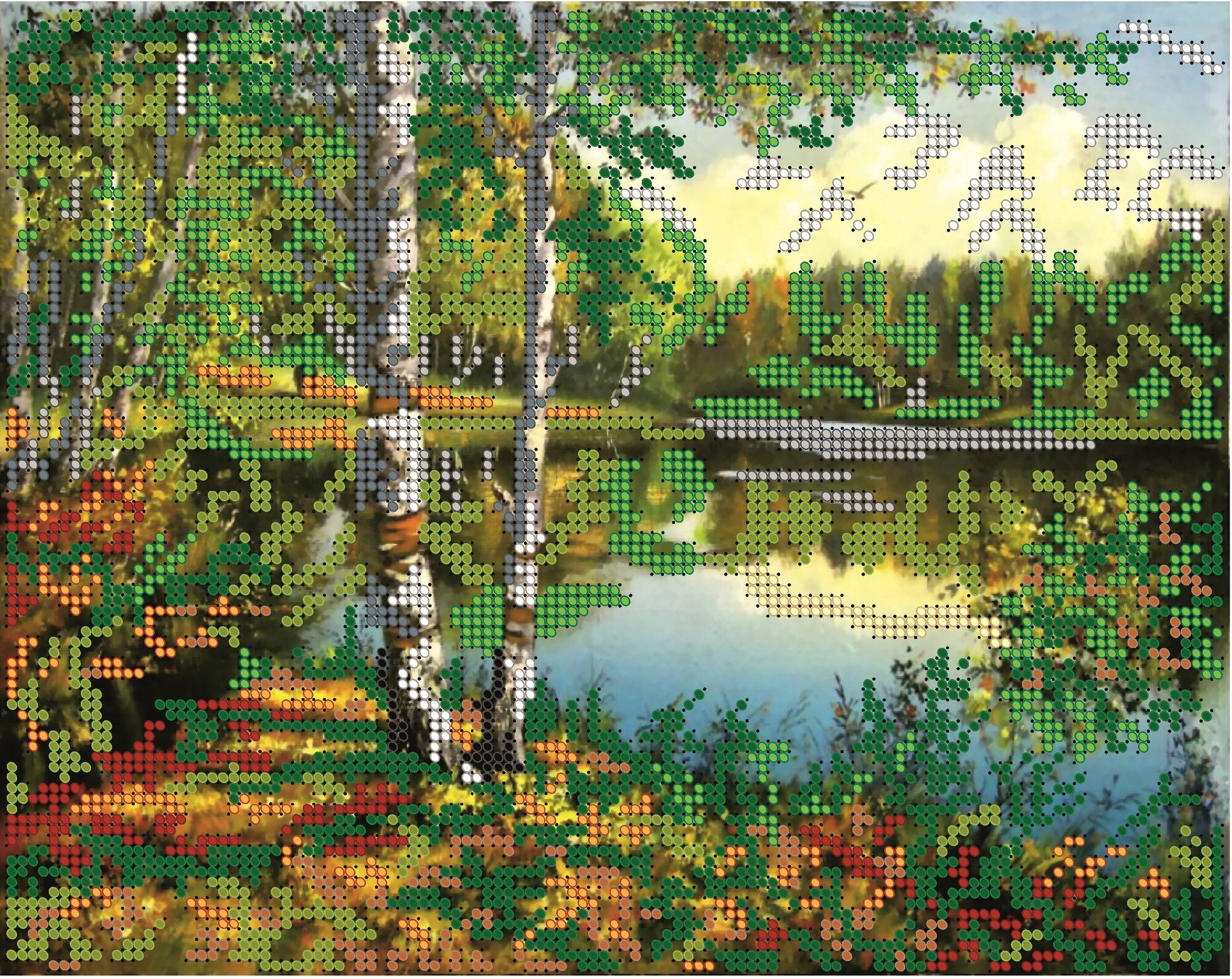 Вышивка бисером картины Речка в лесу 19*24см