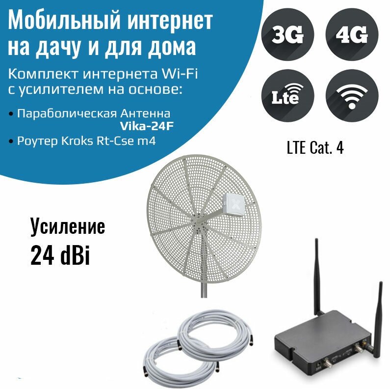 Мобильный интернет на даче за городом 3G/4G/WI-FI – Комплект роутер Kroks m4 с антенной Vika-24F