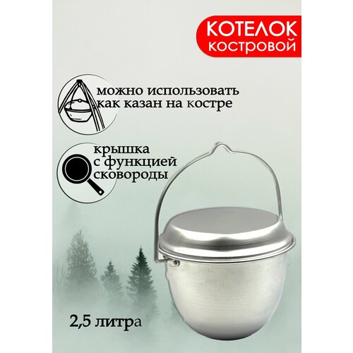 Котелок костровой 2,5 л, казан туристический алюминиевый, ковш для похода, котел с крышкой, казанок для ухи, посуда походная.