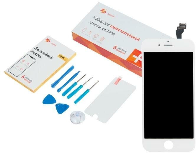 Дисплей для iPhone 6 в наборе ZeepDeep: экран белый, защитное стекло, набор инструментов, пошаговая инструкция